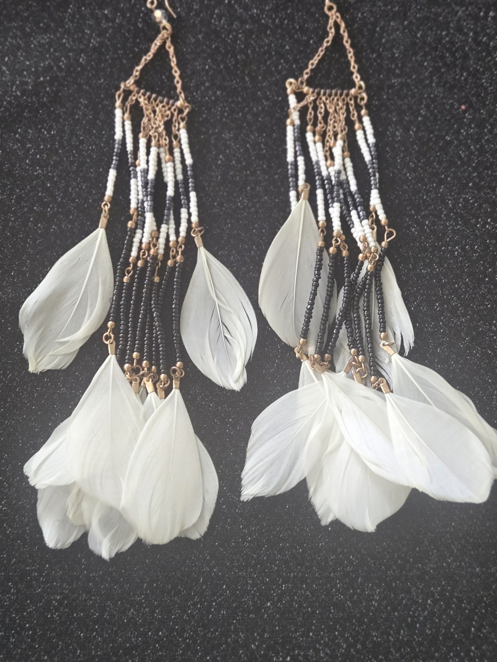 Boho White Feather Bead Drop Earrings - Picture 4 of 4